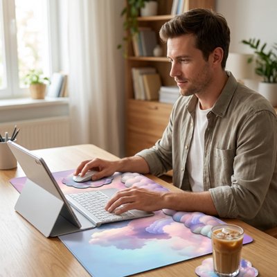 Repose poignet Nuage | CloudKit™ motif de nuage  avec homme devant son ordinateur