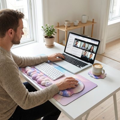 Repose poignet Nuage | CloudKit™ sur bureau blanc et homme assis devant son écran
