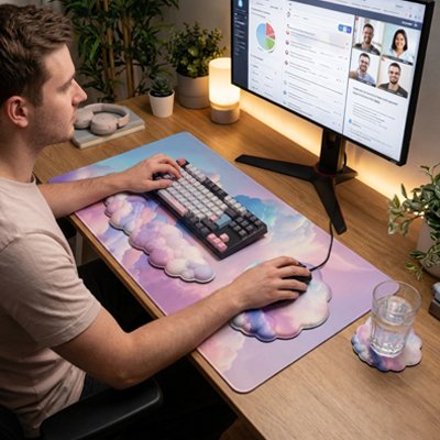 Repose poignet Nuage | CloudKit™ sur bureau de bois avec homme devant son écran 