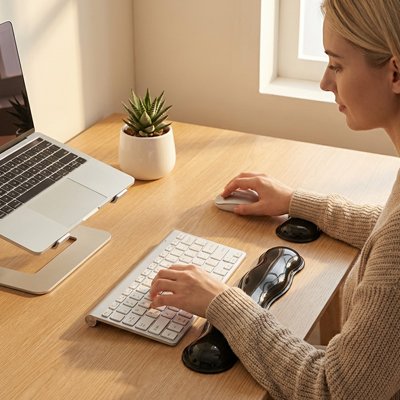 Repose poignet clavier | ComfortCurve™ Noir sur bureau de bois avec femme assise