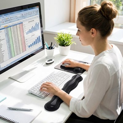 Repose poignet clavier | ComfortCurve™ Noir sur bureau blanc avec femme assise