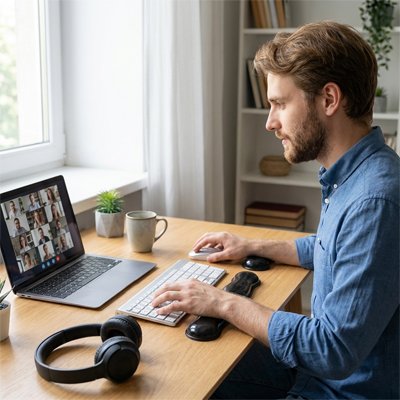 Repose poignet clavier | ComfortCurve™ Noir homme travaillant sur son bureau