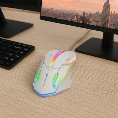 Souris ergonomique filaire |  SKYLiON™ blanc sur bureau de bois