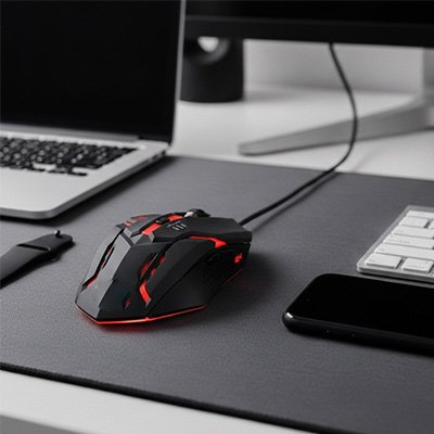 Souris filaire sur sous main gris