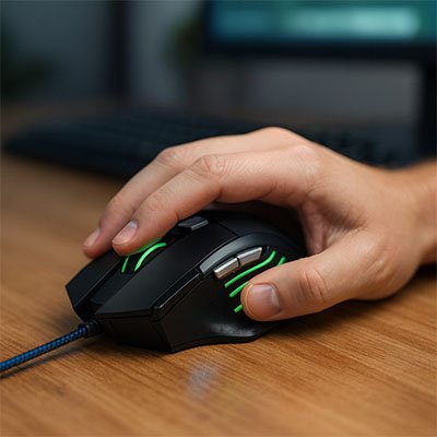 Souris filaire ergonomique | BattleMouse™ sur bureau de bois