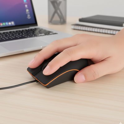 Souris filaire ergonomique | FlexClick™ sur bureau de bois main droite