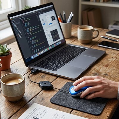 Souris pc portable| PrecisionMini™ bleu sur bureau de bois