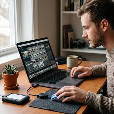 Souris pc portable| PrecisionMini™ bleu avec homme devant son ordinateur