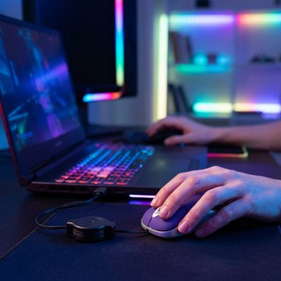 Souris pc portable| PrecisionMini™ violet sur tapis de souris dans main gauche