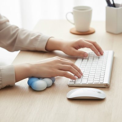 Souris repose poignet | NuageConfort™Gel bleu sur bureau