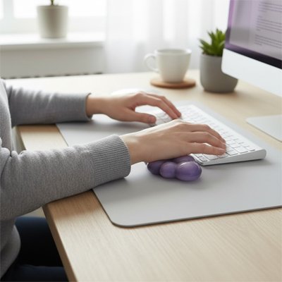 Souris repose poignet | NuageConfort™Gel violet sur bureau