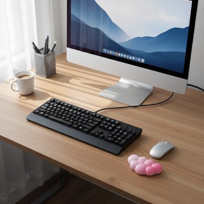 Souris repose poignet | NuageConfort™Gel roe sur bureau de bois