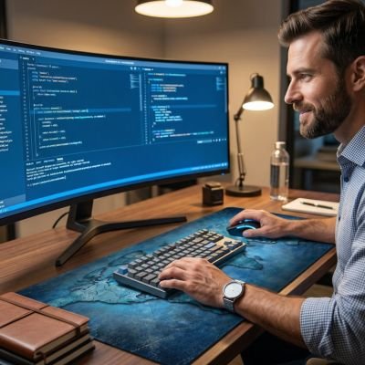 Sous main bureau | DeskAura™ homme devant son écran 