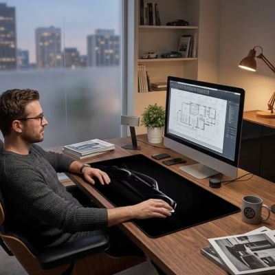 Sous main bureau EliteSurface™ homme devant son écran assi a son bureau