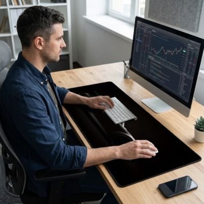 Sous main bureau EliteSurface™ noir mat avec homme devant son écran