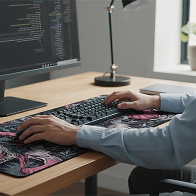 Sous main bureau avec homme travaillant sur ordinateur