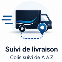 Icône représentant le suivi de livraison avec un camion, un repère de localisation et un colis suivi de A à Z.