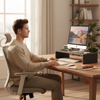 Support Bureau ecran | SpaceLift™ noir sur bureau homme assis sur chaise