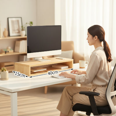 Support Bureau ecran | SpaceLift™ bois sur bureau femme assis sur chaise