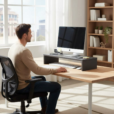 Support Bureau ecran | SpaceLift™ noir sur bureau homme assi sur chaise de bureau