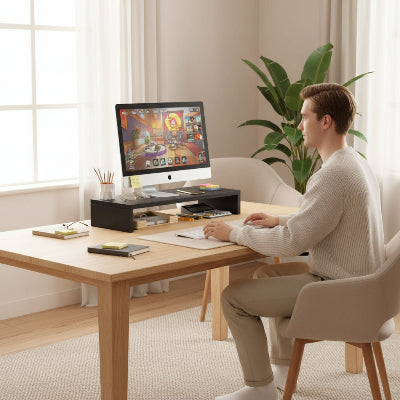 Support Ecran Bureau | ClearDesk™ noir sur bureau avec homme sur chaise