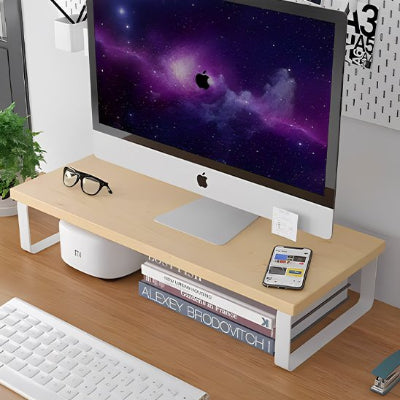 Support écran PC en bois sur bureau avec ecran dessu et livre dessou