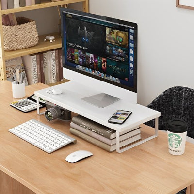 Support écran PC blanc avec evran dessu et objet dessou