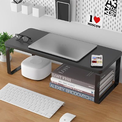 Support écran PC noir sur bureau avec portable dessu