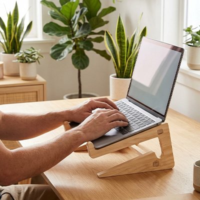 deux mains qui tappent sur un ordinateur posé sur un Support bureau ordinateur portable sur un bureau