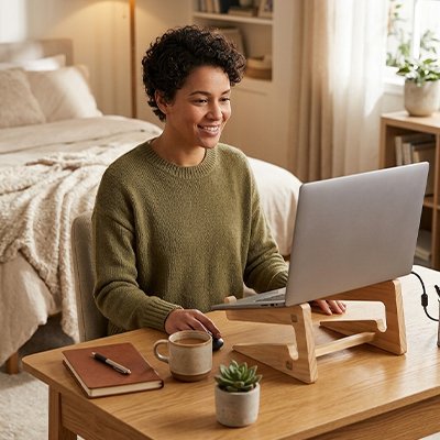 femme souriante qui regarde son ordinateur posé sur un  Support bureau ordinateur portable sur son bureau dans la chambre 