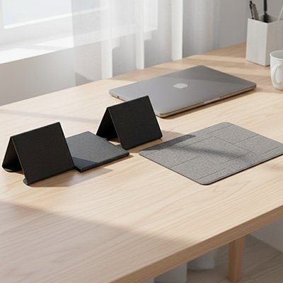 Support bureau pour ordinateur portable  pliable et ultra-portable présenté en position repliée et dépliée sur un bureau moderne. Léger et compact, ce support ergonomique surélève l'écran de l'ordinateur portable pour améliorer la posture, réduire les douleurs au cou et au dos, et favoriser une meilleure ventilation. Idéal pour le télétravail, les déplacements, les études et le travail au bureau.