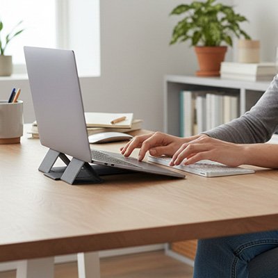 Personne travaillant sur un ordinateur portable installé sur un Support bureau pour ordinateur portable  avec clavier et souris externes. Le support surélève l'écran à hauteur des yeux pour favoriser une meilleure posture, réduire les douleurs cervicales et lombaires, tout en améliorant le confort et la productivité au bureau ou en télétravail.