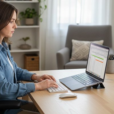  Femme travaillant sur un ordinateur portable installé sur un Support bureau pour ordinateur portable avec clavier et souris externes. Le support surélève l'écran à hauteur des yeux pour favoriser une meilleure posture, réduire les douleurs cervicales et lombaires, tout en améliorant le confort et la productivité au bureau ou en télétravail.
