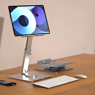 Support de tablette ergonomique en aluminium avec hauteur et angle réglables, conçu pour améliorer la posture, réduire les tensions cervicales et offrir un confort optimal au bureau ou en télétravail.