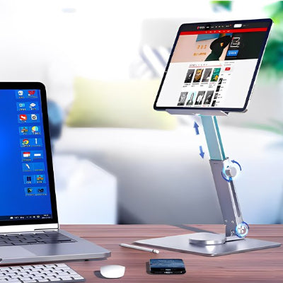 Support de tablette en aluminium réglable en hauteur et en inclinaison, offrant une rotation à 360° pour améliorer l'ergonomie, le confort visuel et la posture au bureau ou en télétravail.