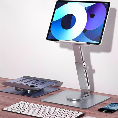 Support de tablette ergonomique en aluminium réglable en hauteur et en inclinaison, idéal pour le télétravail, les appels vidéo, la lecture et un confort de visualisation optimal sur un bureau.