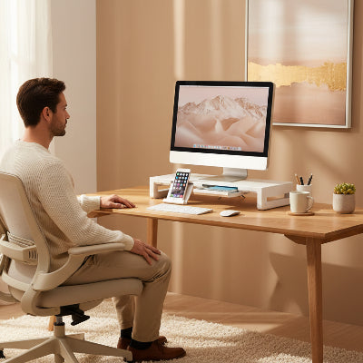 Support ecran pour bureau | SmartDesk™ homme assis sur chaise devant son bureau