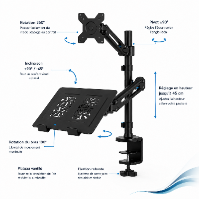 Vue détaillée du support ergonomique pour ordinateur portable EspaceView montrant ses principaux réglages.