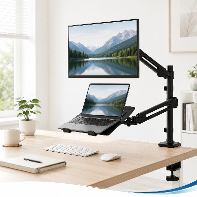 Support ergonomique pour ordinateur portable installé sur un bureau lumineux et organisé avec écran externe.