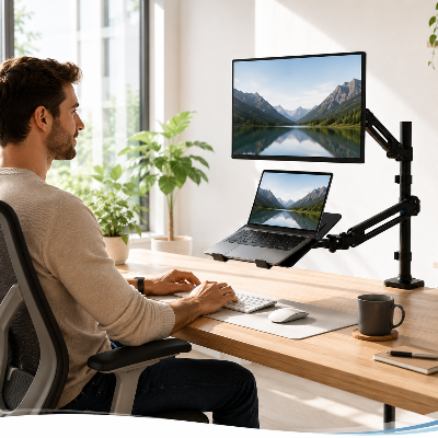 Espace de travail moderne et confortable avec support ergonomique pour ordinateur portable utilisé au quotidien.