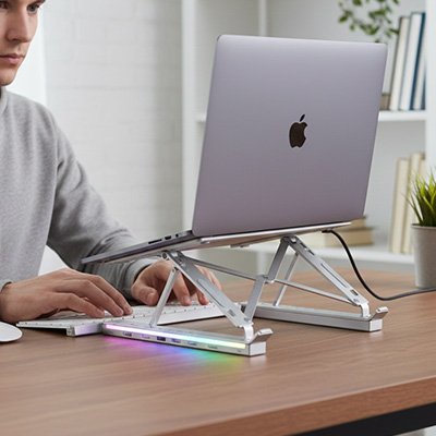 Support ordinateur portable sur bureau de bois homme sur son clavier