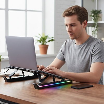 Support ordinateur portable noir sur bureau avec homme devant