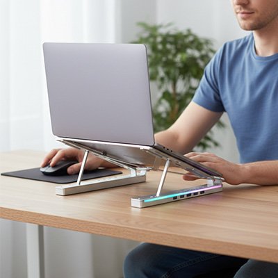 Support ordinateur portable argent sur bureau de bois