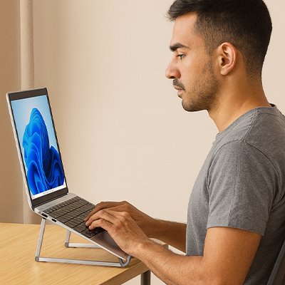 homme travaillant sur son ordinateur portable posé sur un Support ordinateur portable sur son bureau en bois