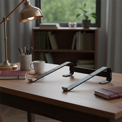 Support ordinateur portable bureau en aluminium noir posé sur un bureau moderne