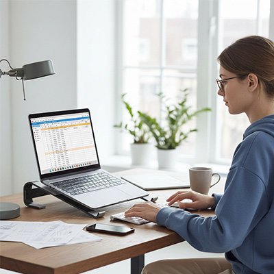 Femme travaillant sur un ordinateur portable installé sur un Support ordinateur portable bureau 