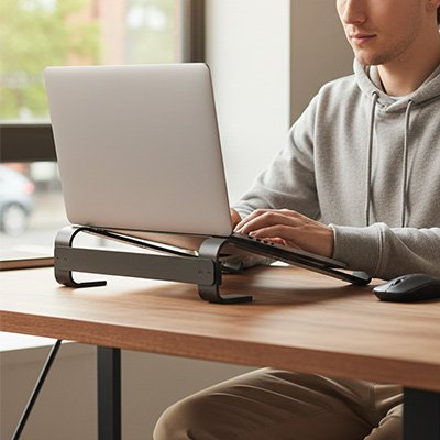 Homme utilisant un ordinateur portable sur un support ordinateur portable bureau réglable en aluminium noir.