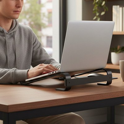 Ordinateur portable installé sur un support ordinateur portable bureau réglable pour télétravail et bureau.