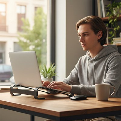 Homme travaillant sur son ordinateur posé sur un Support ordinateur portable bureau sur bureau moderne