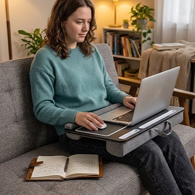 femme assise sur son canapé qui travail sur son portable posé sur un Support ordinateur portable lit 